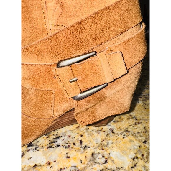 Naughty Monkey Tan Suede Knee-High Slouchy Distressed Boots Boho Western Wedge - Picture 12 of 13